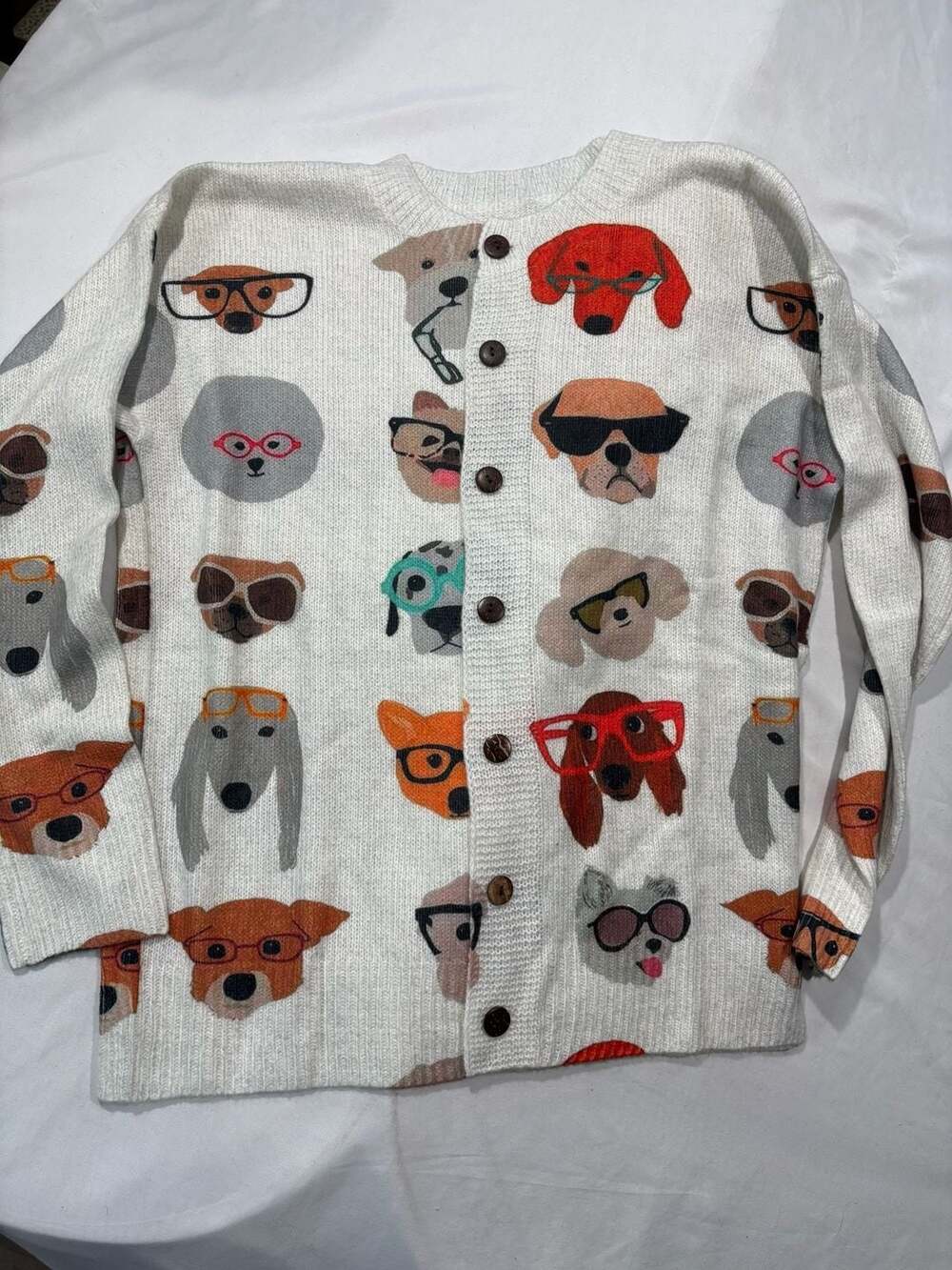 Dog Pattern Knit Cardigan, Size S, 100% Polyester